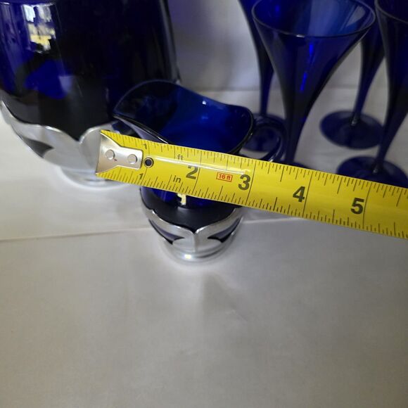 Lot Vintage Farber Bros Cobalt Blue Glass Ice Bucket, Creamer Art Deco 4 Glasses - Picture 13 of 16